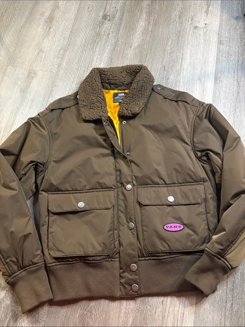 Vans Brown Bomber Jacket with Sherpa Collar and Yellow Lining